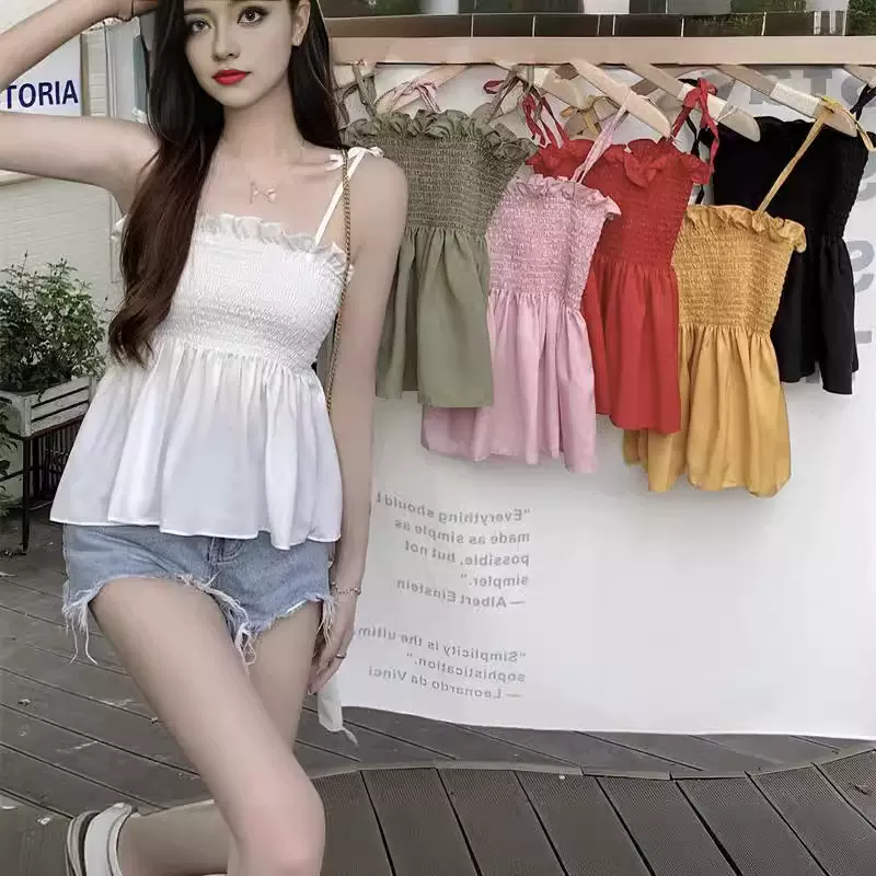 清新知性2024新款褶皱抹胸荷叶边绑带吊带背心短款显瘦洋气上衣女