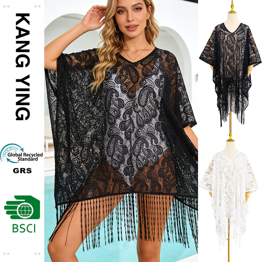Spring and Summer European and American Lace Hollow-Out Scarf, Travel Beach Towel, Large Shawl, Versatile Silk Scarf, Cross-Border Tassel Scarf Shawl