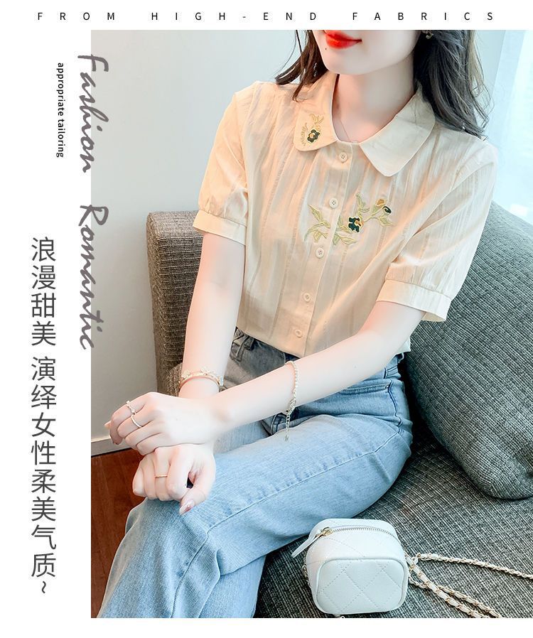 夏装2024年新款时尚纯棉衬衣女洋气全棉短袖气质女士衬衫刺绣上衣详情8