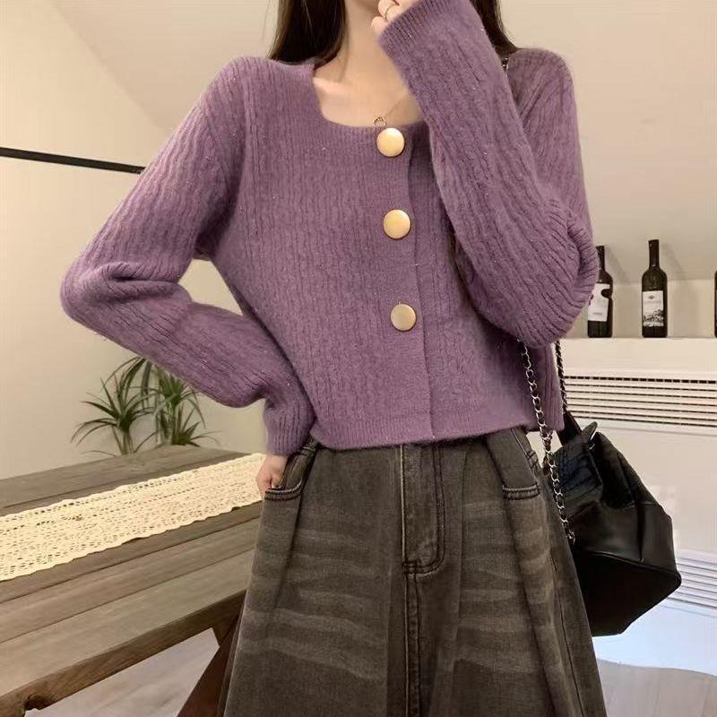设计感方领短款毛衣开衫外套女秋秋2025新款小个子羊毛上衣潮|undefined