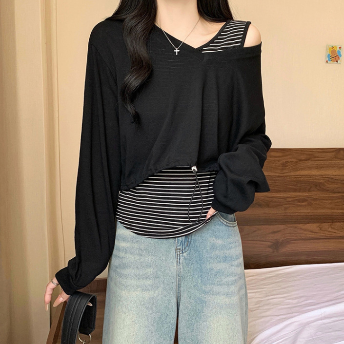 大码女装2025秋季新款胖mm韩版减龄条纹背心短款抽绳连帽上衣套装|undefined