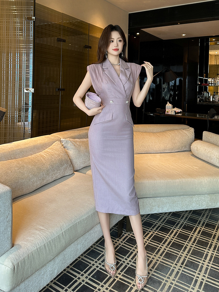 Đầm maxi nữ thắt eo phong cách Pháp màu tím mâm xôi — Màu tím mâm xôi