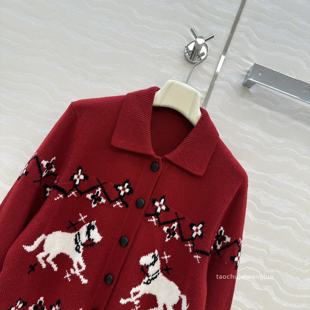 费尔岛嵌花翻领针织衫 韩系复古风舒适百搭红色长袖开衫 AW85201