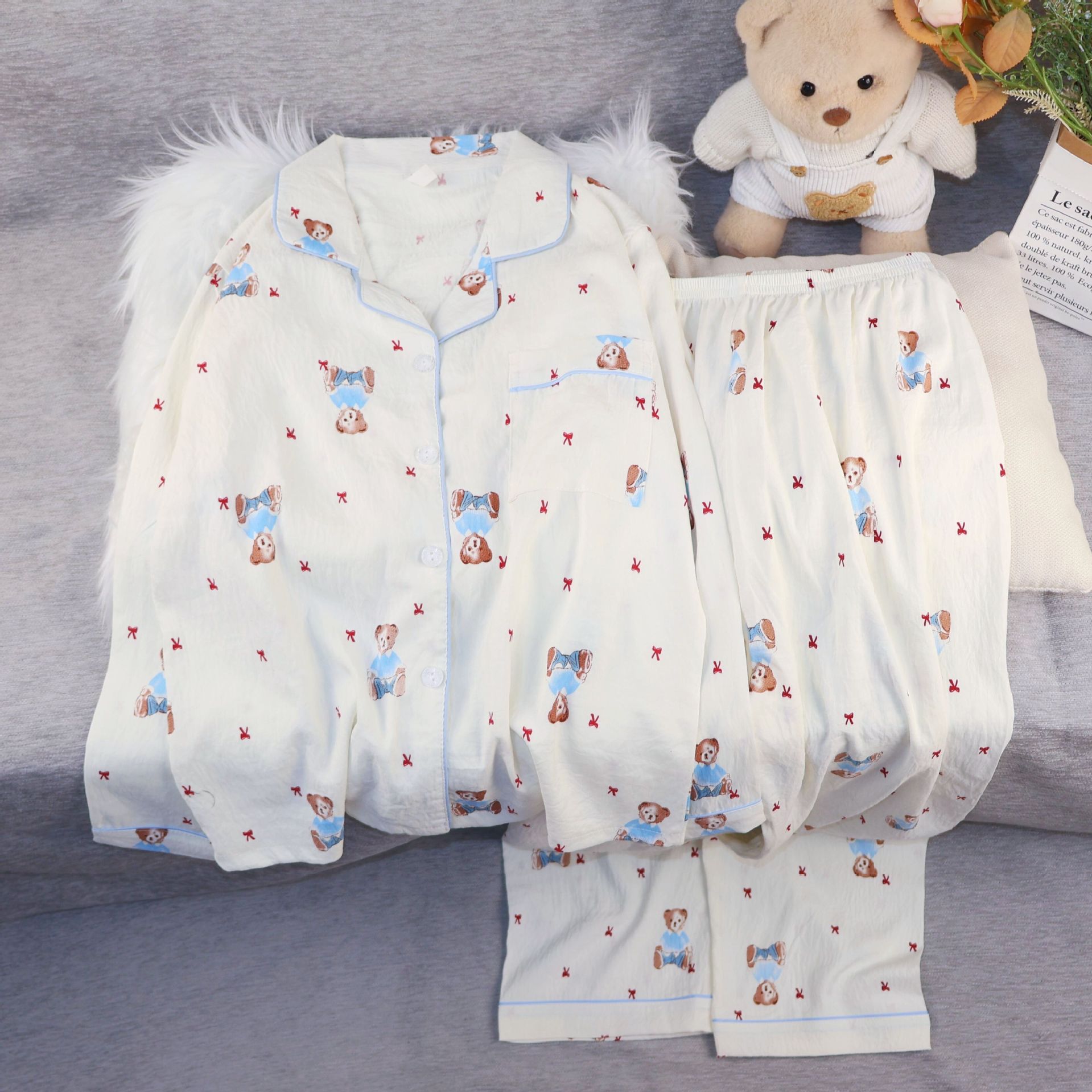 レディースパジャマ 2025年新作 雲柄 春秋 長袖 漫画風 長袖 かわいい カジュアル シンプル ホームウェアセット