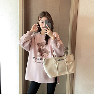 Korean style autumn and winter maternity clothes thickened fleece-lined maternity sweater round neck top loose mid-length split casual long sleeve