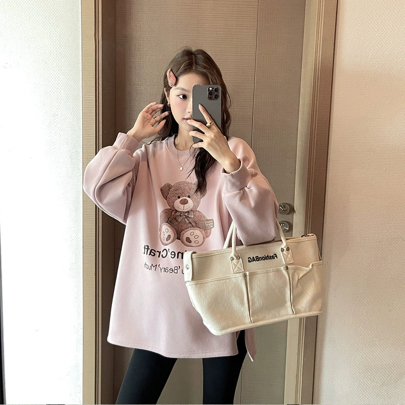 Осенне-зимнее платье для беременных женщин, утолщенный флисовой подкладкой, свитер для беременных женщин, топ с круглым вырезом, Свободный Повседневный с длинным рукавом