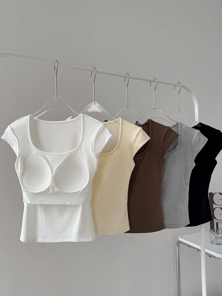 Breathable silk base trend tank top, square neckline, slim fit, with short sleeve