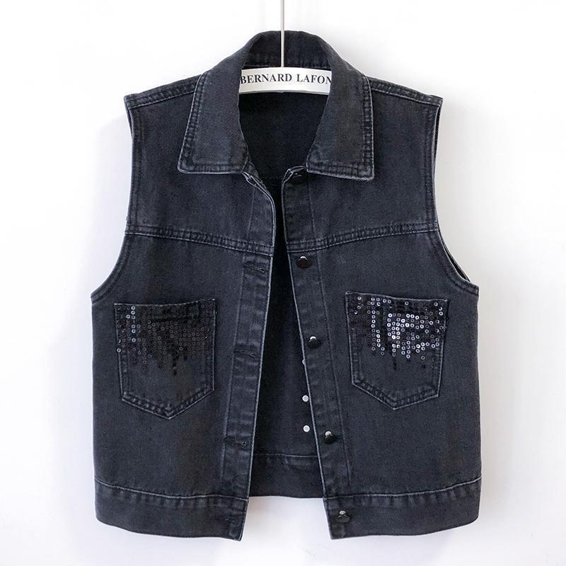 40.00 kg-100.00 kg Fashion Sequin plus size Denim Vest Jacket Women's Korean Style Chubby Sister Spring and Autumn Short Vest 40.00 kg-100.00 kg Fashion Sequin plus size Denim Vest Jacket Women's Korean Style Chubby Sister Spring and Autumn Short Vest