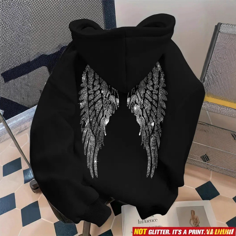 Cross-Border New Trendy Brand Sweatshirt with Wing Sequins, Amazon Women's European and American Style Long-Sleeve Pullover Printed Sweatshirt Hoodie