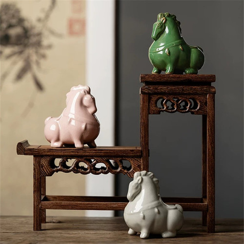 Ruyao Ceramic Creative Tea Pet Green Horse Ornament with Crackle, Office Tea Ceremony Small Decor Gift Boxed Handgift