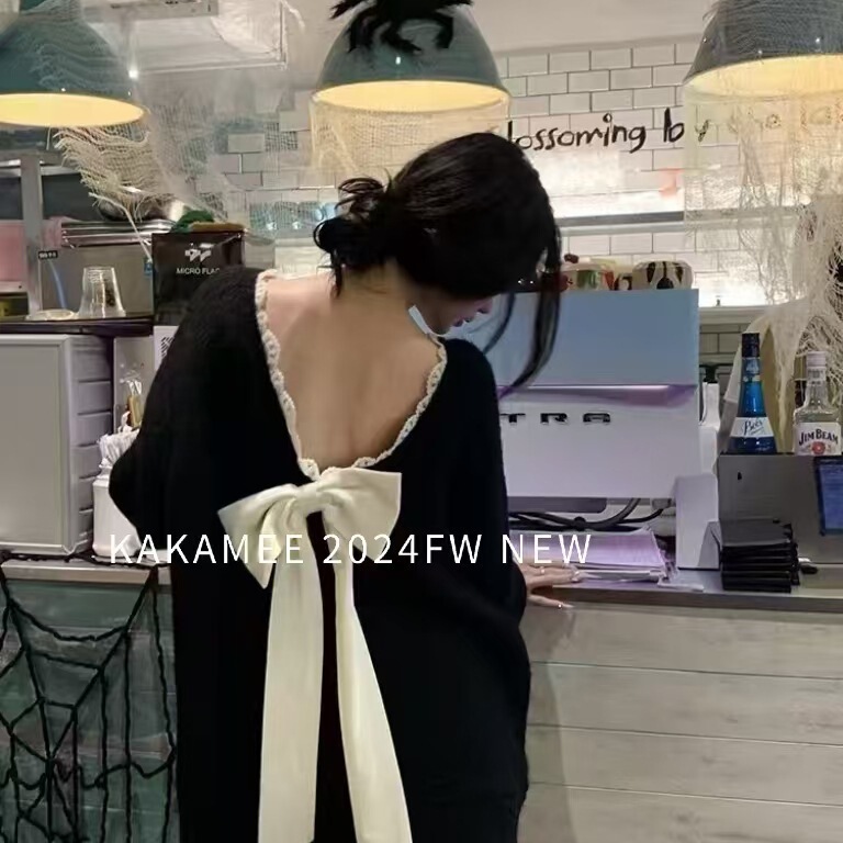 Annual Meeting Atmosphere Backless Bow Sweater New Collar Stitching Lace Back Bow Sweater