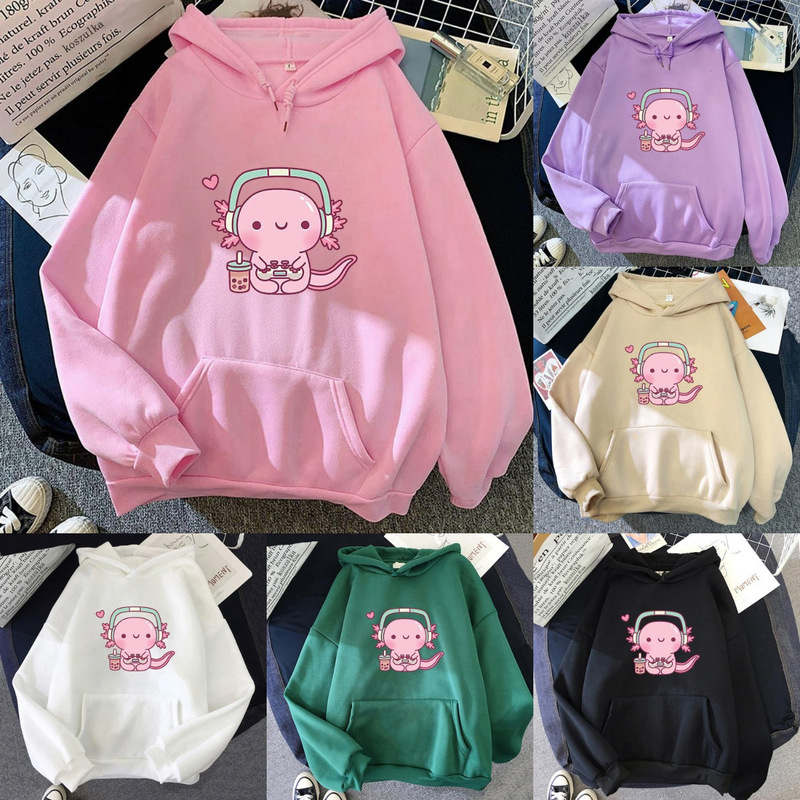 Autumn and Winter New Cross Border Cute Axolotl Play Video Game Player Fun Casual Hooded Sweat
