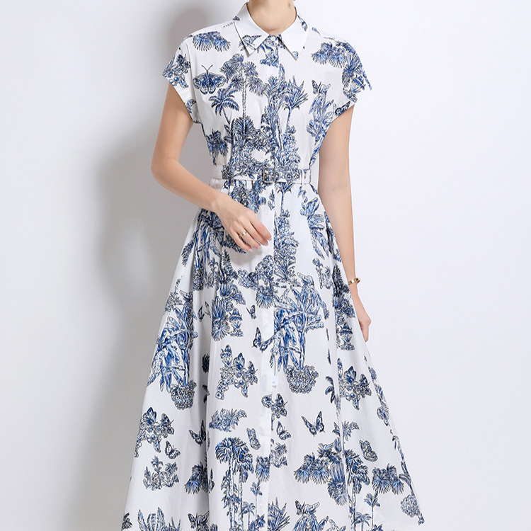 法式复古风竹叶印花翻领衬衫连衣裙女夏季单排扣收腰显瘦A字长裙