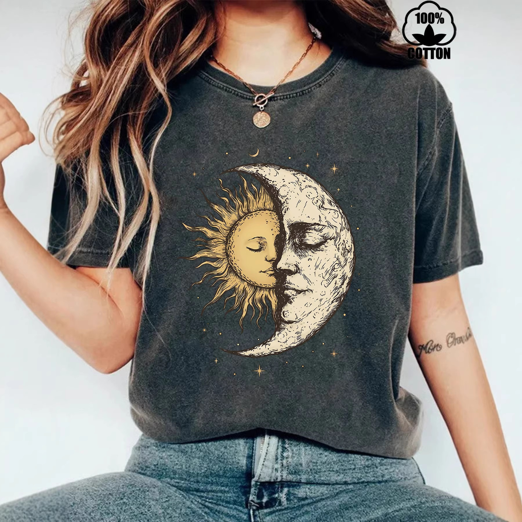 Amazon European and American Pure Cotton Washed Snowflake Sun Moon Fashion Loose Short-Sleeved Round Neck T-Shirt for Women Cross-Border E-Commerce