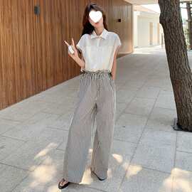 胖特大码300斤两件套装女短袖衬衫条纹阔腿裤子气质时尚松弛感2
