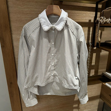 法式小众 2025秋冬减龄小格子拼色珍珠边娃娃领前短后长衬衫25890