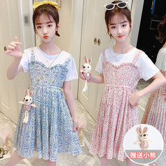 女童碎花假兩件背帶連衣裙2024夏裝新款中大兒童時尚洋氣百褶裙子