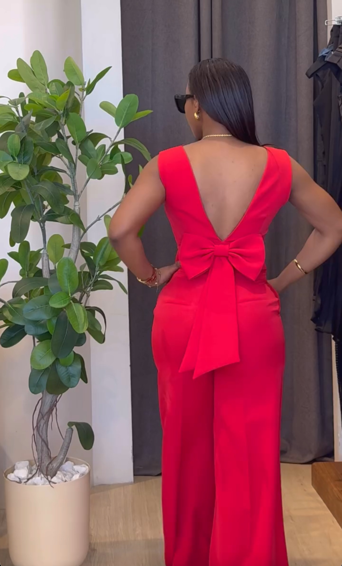 Women Clothing Spring Solid Color Backless Bow Top Wide Leg Trousers Casual Suit