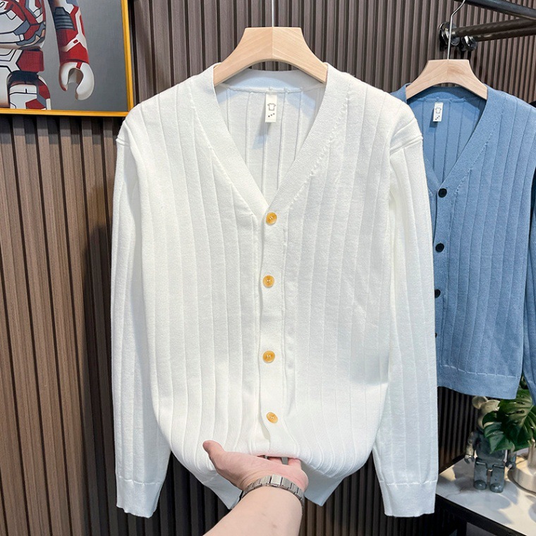 Slim fit new cardigan button up men's knitted sweater long sleeved fashionable jacket simple striped V-neck sweater small jacket_voghion.com