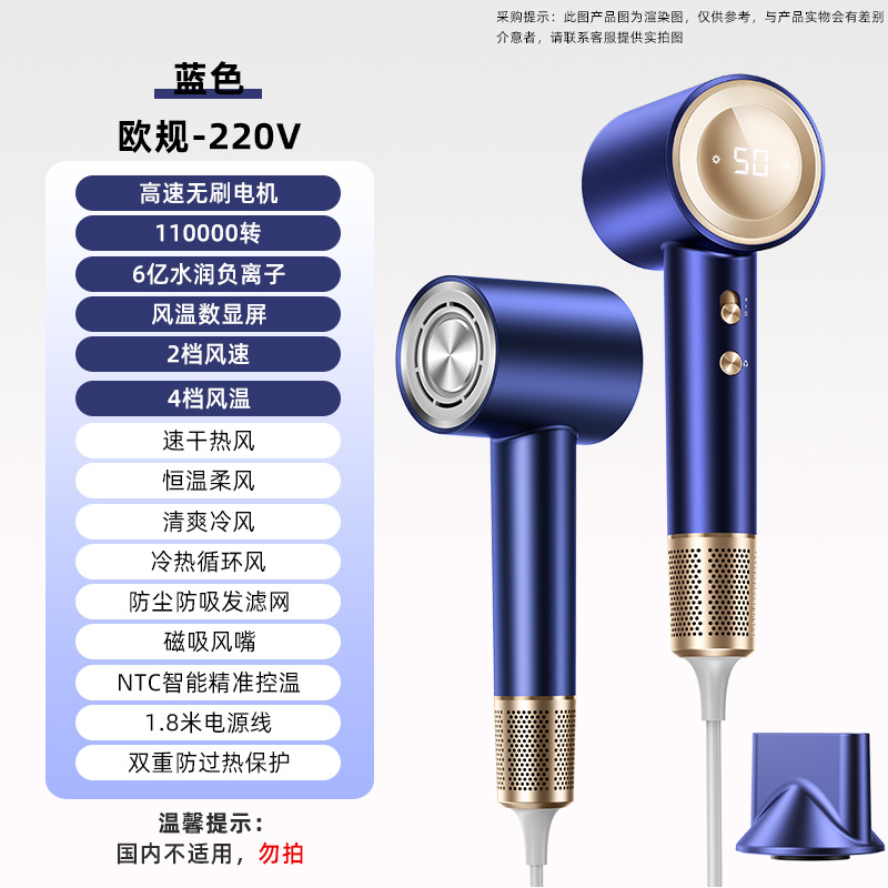 【D4-D】블루【유럽 규격 - 220V】- 11만 RPM 브러시리스 모터 + 6억 개 음이온 + 풍온 디지털 표시 + 자석식 흡입구 + 1600W