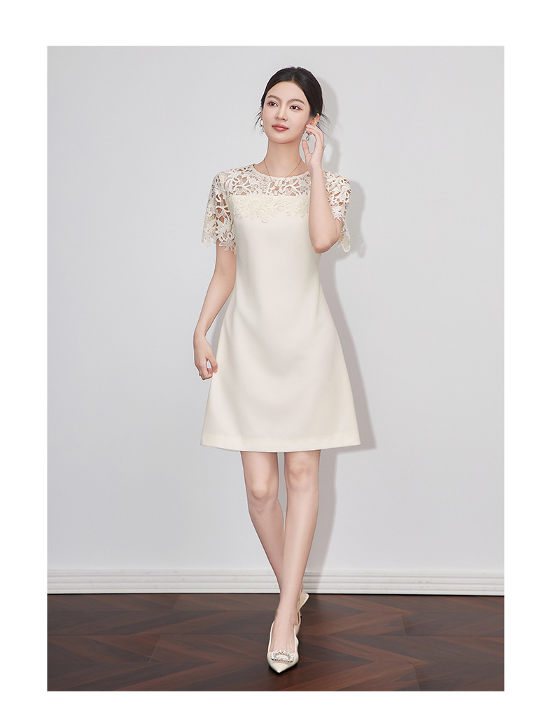 Đầm chữ A nữ thiết kế ren thêu họa tiết hoa nổi — đen chi tiết 7