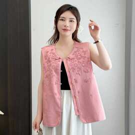 盘扣圆领珠绣缎面马甲女秋季年轻款国风女装背心小个子短款马夹女