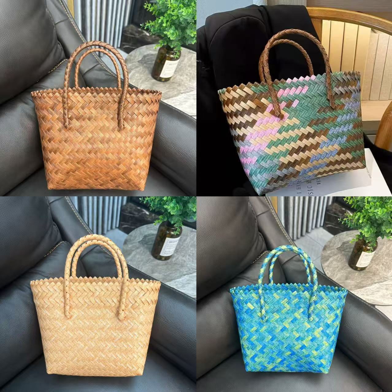 Modern Simple Style Handmade Imitation Rattan Woven Fashionable Color Women's Handbag Xiaohongshu Bamboo Handwoven Bag