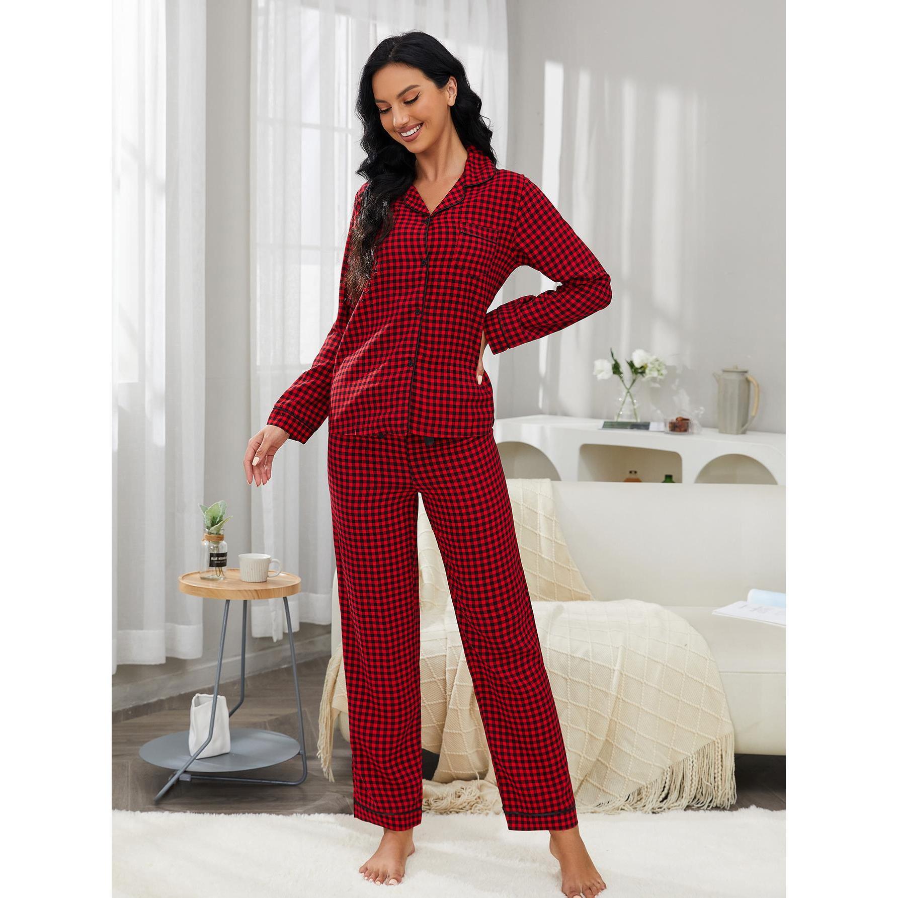 Damennachtwäsche im Frühling und Herbst, rot-schwarz karierte Strickjacke mit Ärmeln, lange Hosen, zweiteiliger Heimanzug_voghion.com