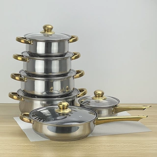 定制不锈钢锅具套装带磁复底双耳汤锅煎锅奶锅组合12pcs cookware