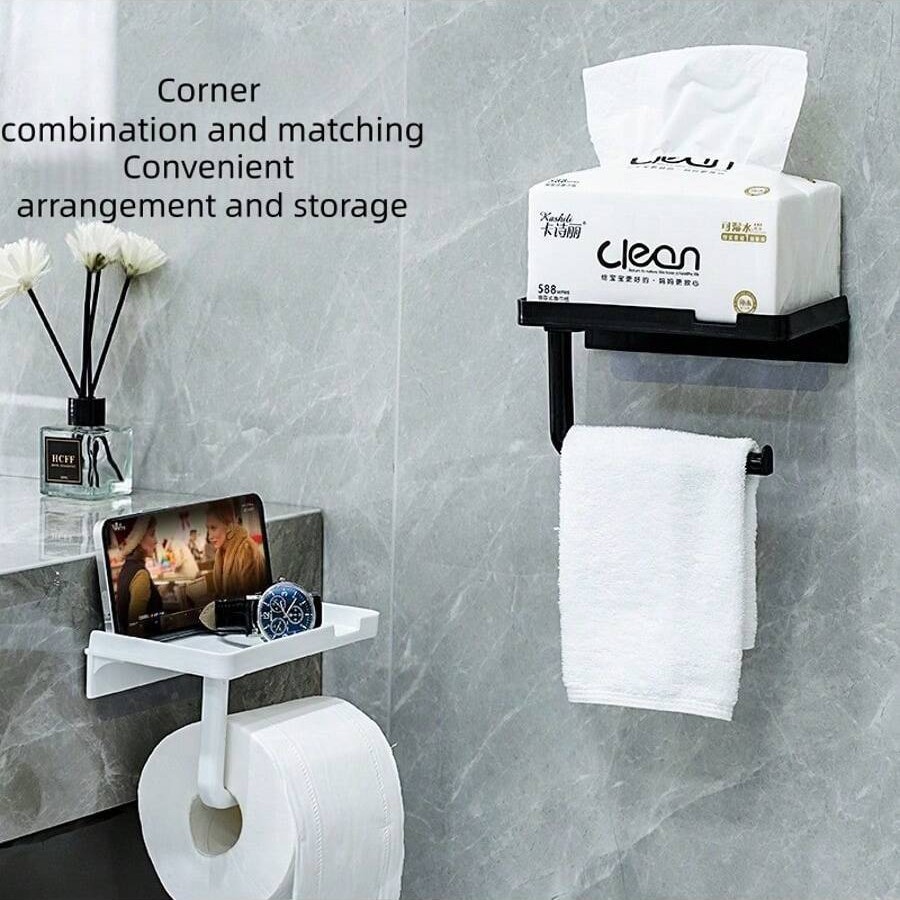 Cross-Border Toilet Paper Holder with Mobile Phone Holder, Wall-Mounted Self-Adhesive Paper Towel Roll Holder, Suitable for Bathrooms and Toilets