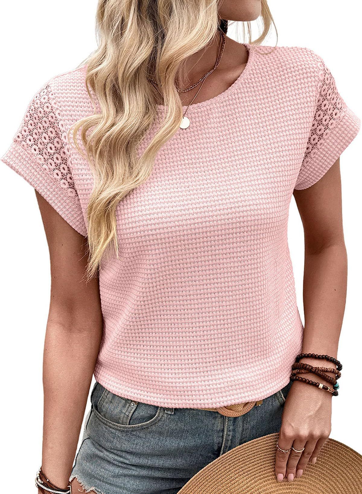 Summer Women's Round Neck T-Shirt Lace Hollow Out Short Sleeve Waffle Knit American Style New_ecoleips.com