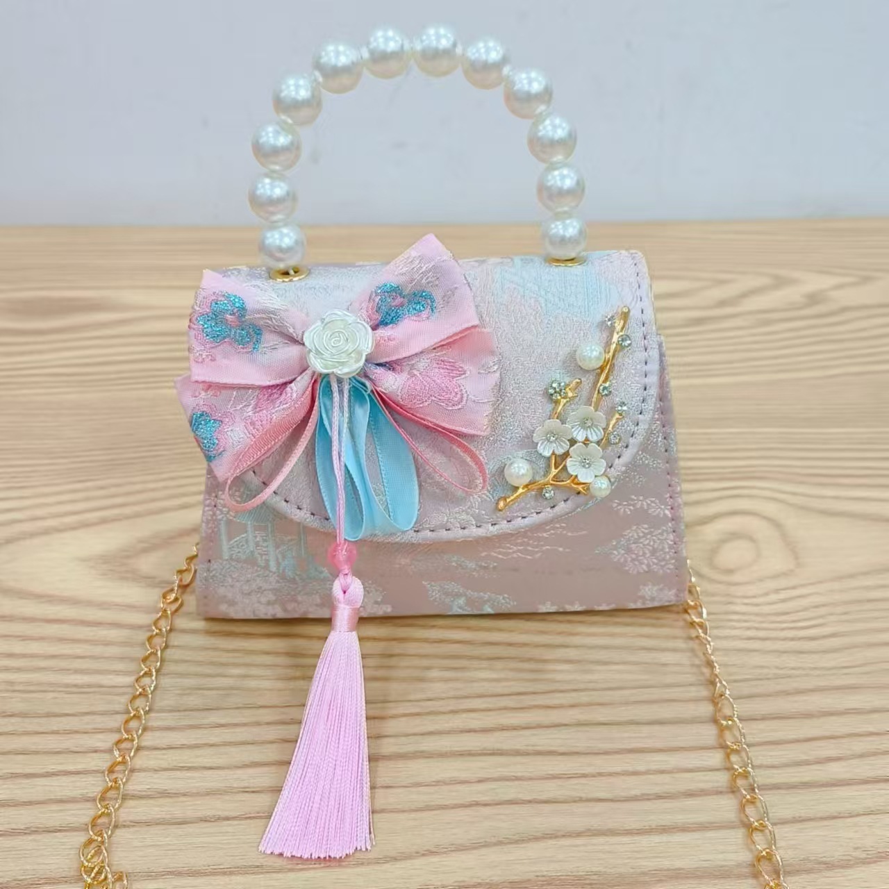 Bolso de princesa de estilo chino bolso de cadena bolso de perla bolso de mano para niñas bolso de accesorios de ropa de vestir regalos del día del niño