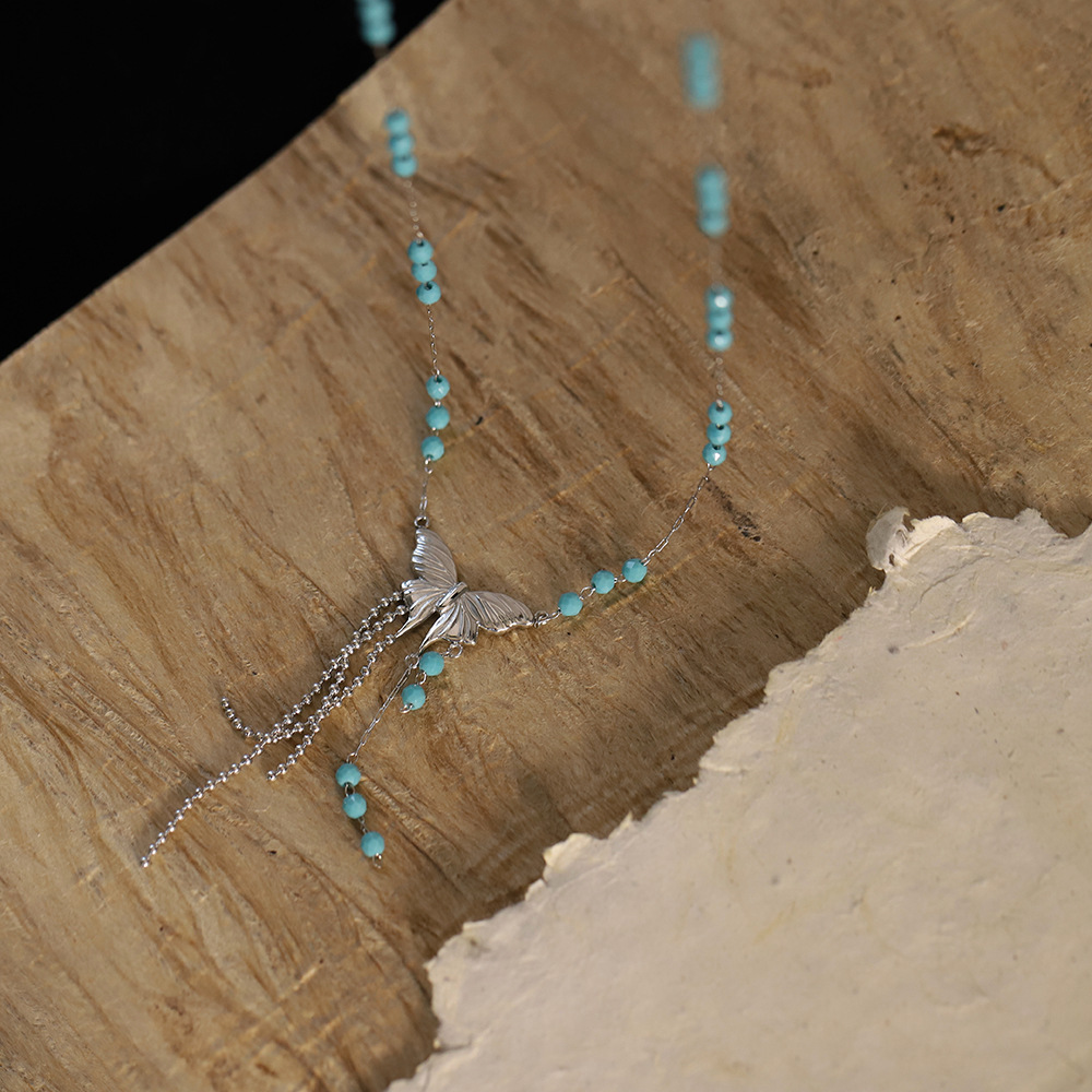 Blue Bead Butterfly Fringe Stainless Steel Necklace