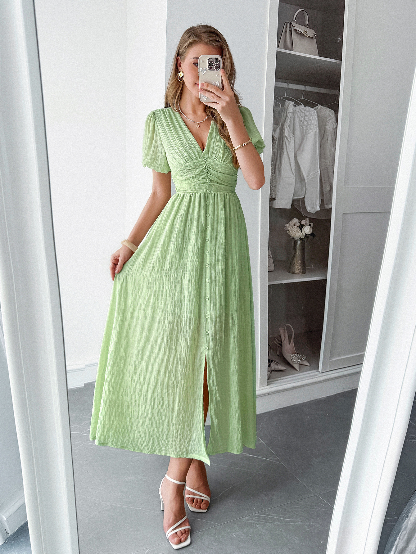 327g Weight Midi Dress Dress Length Type Short Sleeve Sleeve Length Sheath Dress Dresses Type Polyester Fabric Type Mid Waist Waist Line Casual, Daily Occasion V Neck Neckline Slim Fit Type Solid Color Pattern Summer Season Women's Gender Vacation Style Wholesale Women's Vacation Solid Color Casual Daily V Neck Short Sleeve Sheath Dress 9