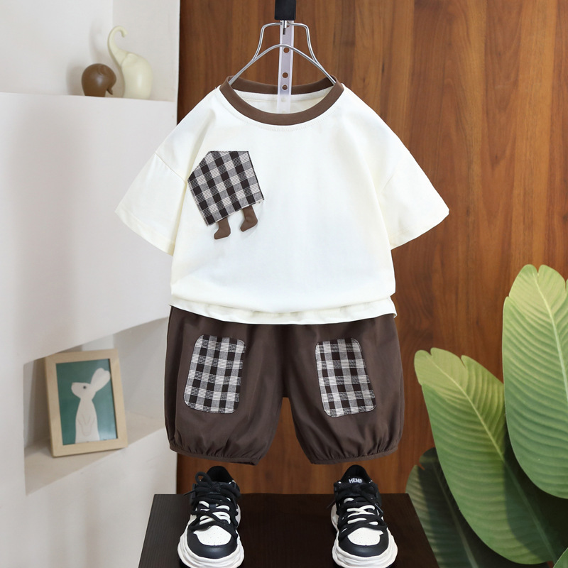 7238 Traje para niños guapo de manga corta de verano para niños 2025 nueva camiseta pantalones cortos delgados ropa de estilo de moda para bebés 3