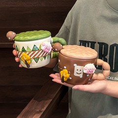 クリエイティブかわいい水カップマグカップ蓋付きスプーン付き陶磁器カップ寮用オフィス朝食誕生日プレゼント
