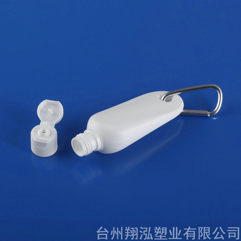 Suministro de fábrica 30ml HDPE material mosquetón gancho botella boca abajo botella gel desinfectante de manos libre botella de transporte