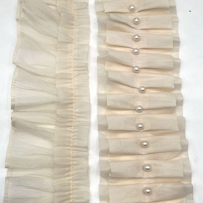 双层杏色衣服DIY领口袖口布艺装饰9.5厘米仿珍珠布料褶皱花边辅料
