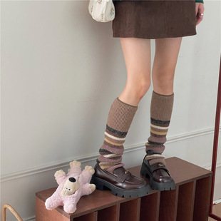 New retro color matching striped knitted pile socks autumn and winter slimming y2g contrast color wool leg cover