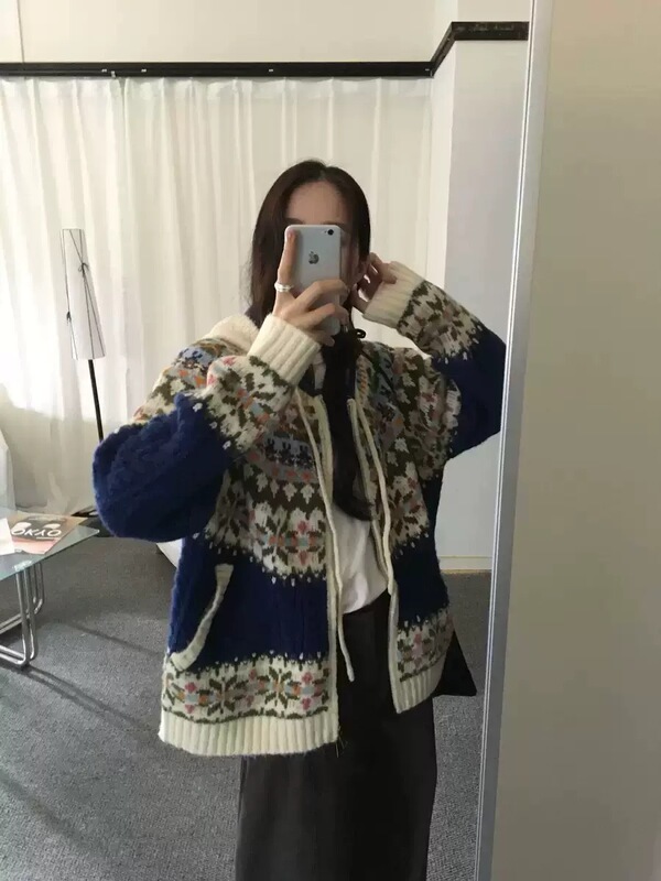 费尔岛复古麻花连帽毛衣卫衣外套女秋冬外穿2025新款宽松慵懒开衫|undefined