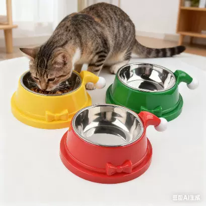宠物圣诞帽多色猫狗碗猫咪宠物碗水碗粮防漏食护颈宠物食具用品