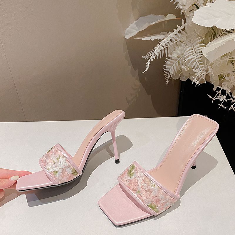 2026 Summer New Style Mesh Embroidered Lace Square-Toe High-Heeled Sandals for Women with Thin Heels and One-Strap Outer Wear Slippers for Women