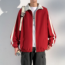 美式条纹夹克男秋大码潮牌高街棒球服痞帅宽松运动双面可穿皮外套