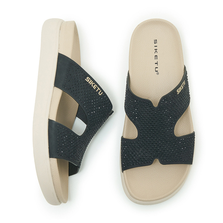 Dép sandal nữ xỏ ngón đế bệt đính đá lấp lánh phong cách Hàn Quốc — màu đen, màu hồng, màu mơ chi tiết 34