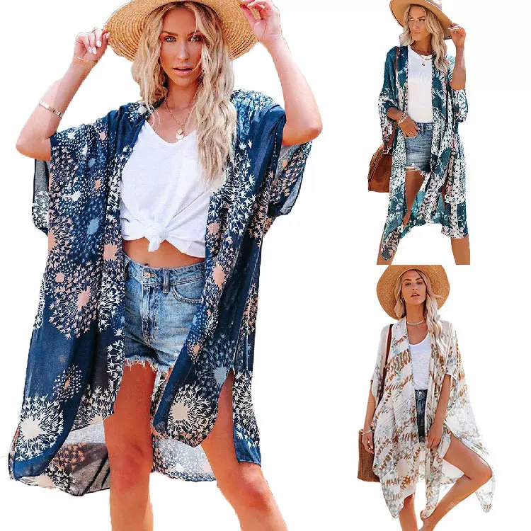 2025亚马逊夏季新款印花罩衫女欧美休闲中长款宽松薄纱防晒衣外套