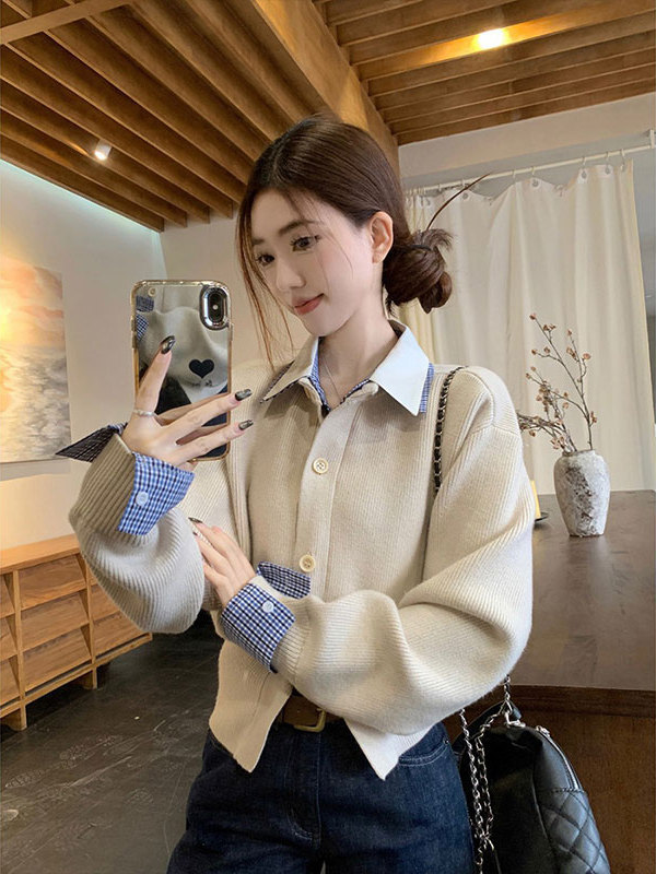 假两件衬衫领针织衫毛衣女年穿春秋新款显瘦撞色内搭收腰上衣|undefined