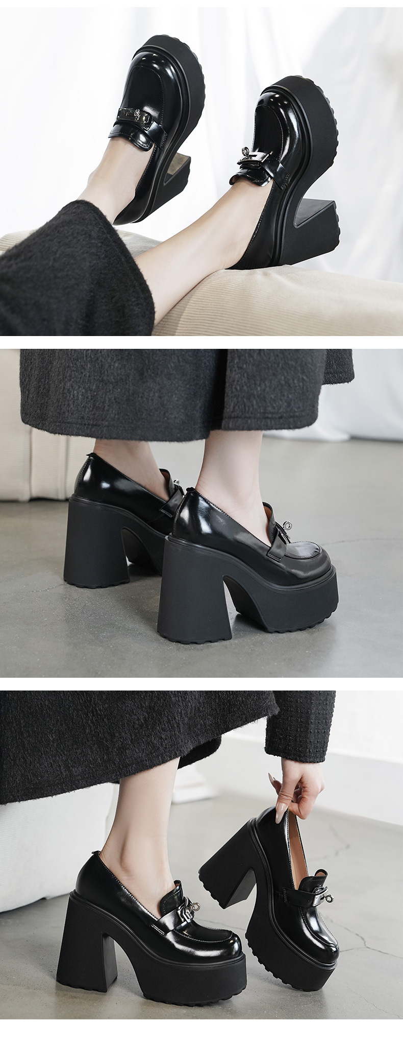 Giày loafer nữ đế xuồng platform gót cao 12 cm khóa cài da thật — màu đen chi tiết 3