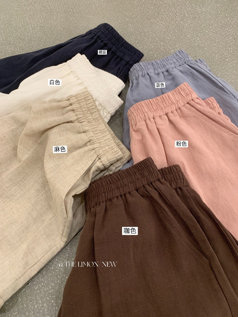 Quần short nữ cạp chun ống rộng chất liệu linen phối viền ren — màu sắc, xanh lam, Màu cà phê, màu hồng chi tiết 20