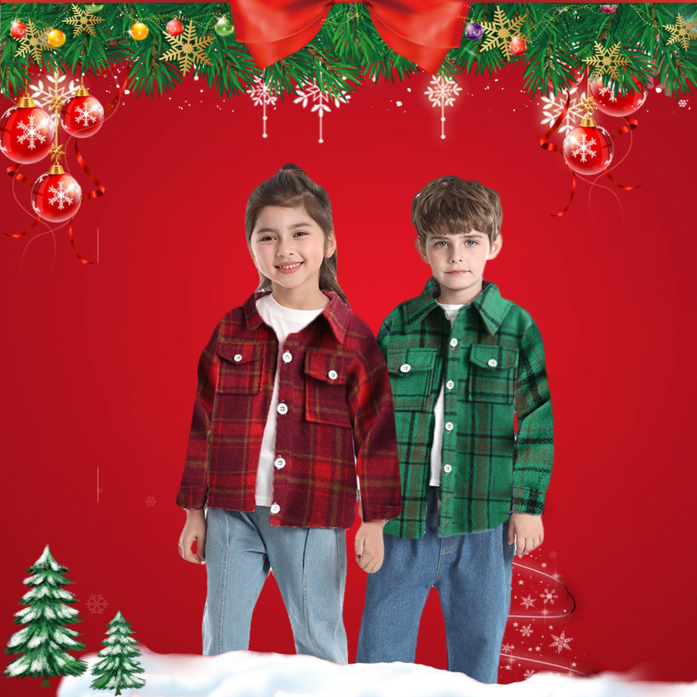 Nuevo vestido de Navidad para bebés europeos y estadounidenses cuello cuadrado de manga larga chaqueta de lana molida de botón único chaqueta corta