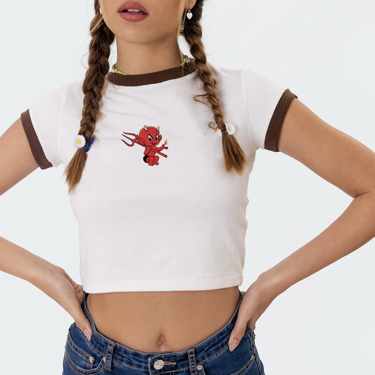 Little Devil Print Slim Fit Short-Sleeved Cropped T-Shirt NSOSY111531